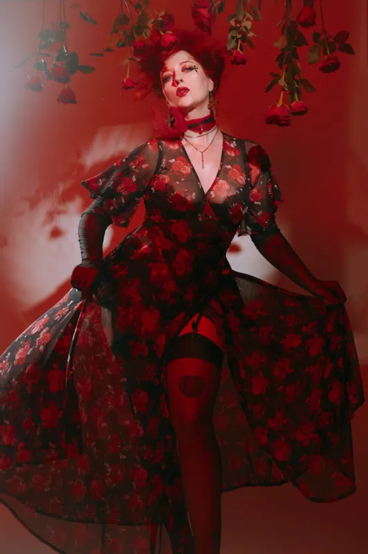 Lydia Wrap Dress in Rose Cluster Mesh sold by Wax Poetic