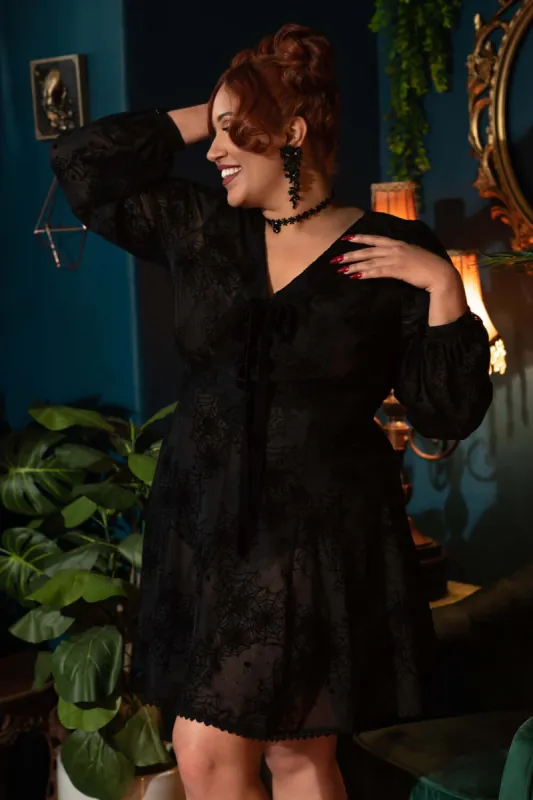Black Spiderwebs Flocked Mesh Penny Mini Dress made by Wax Poetic