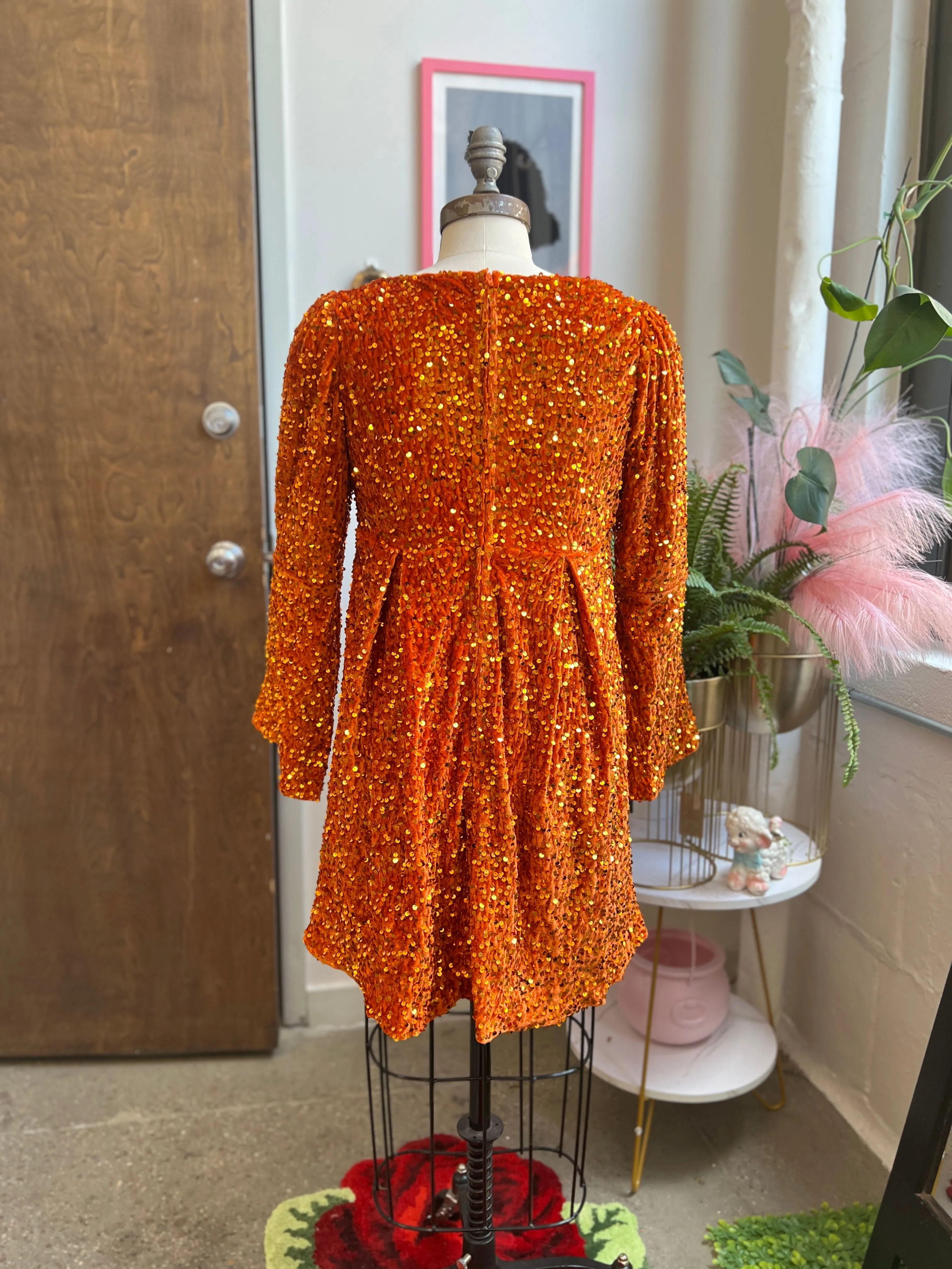 Priscilla 60's Mini Dress in Pumpkin Orange Sequin Velvet sold by Wax Poetic product image thumbnail 4