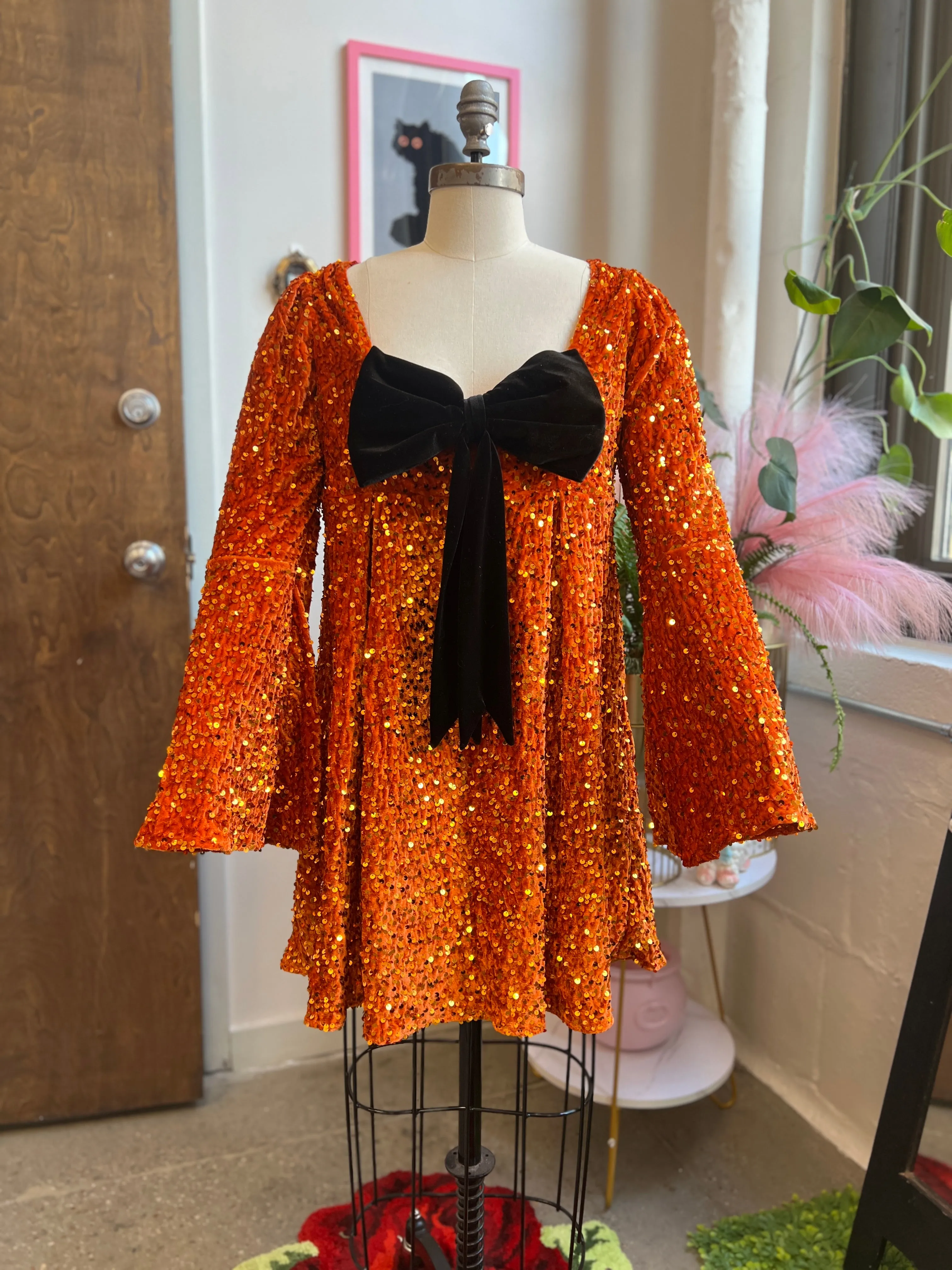 Priscilla 60's Mini Dress in Pumpkin Orange Sequin Velvet sold by Wax Poetic