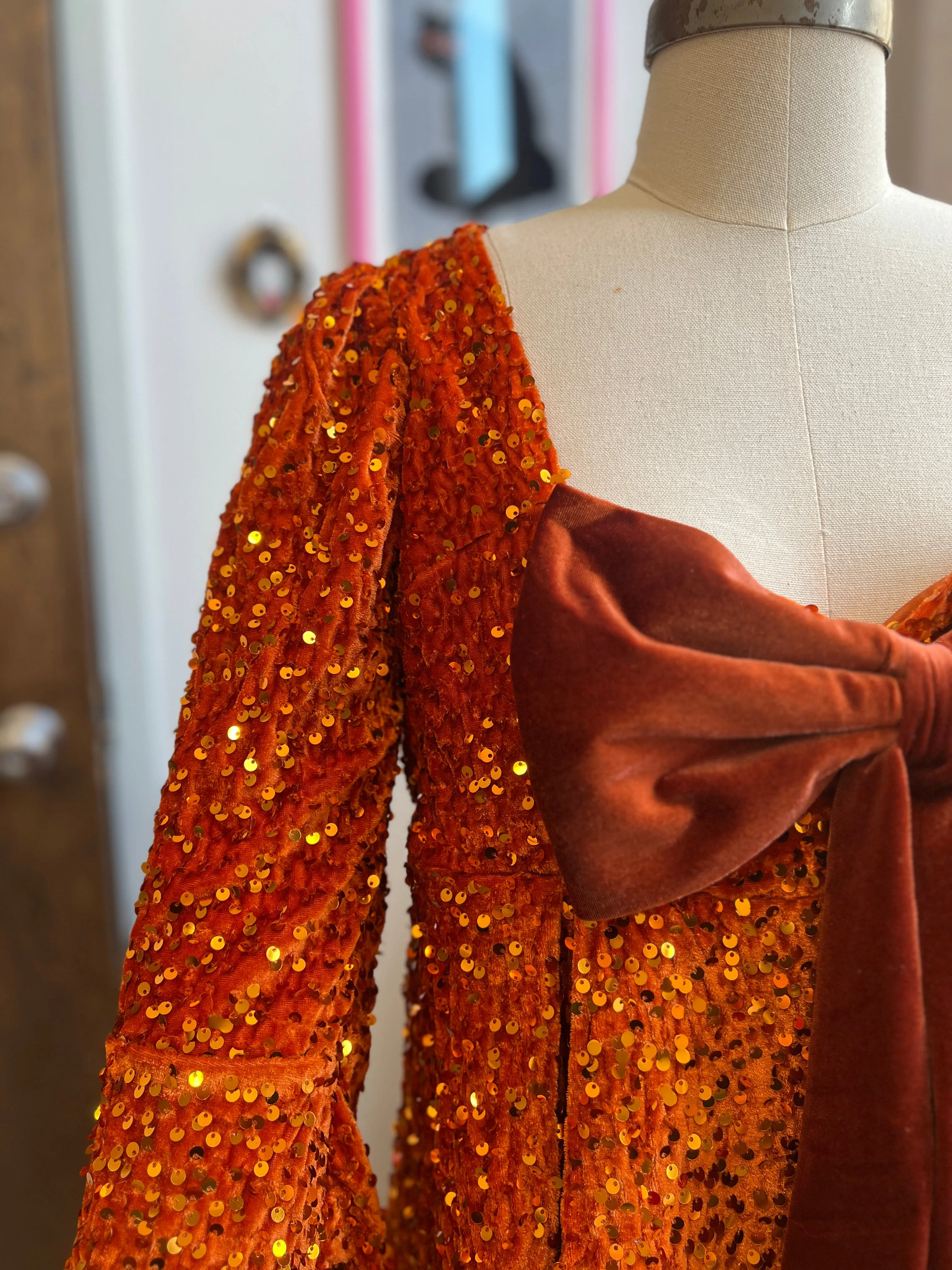 Priscilla 60's Mini Dress in Pumpkin Orange Sequin Velvet sold by Wax Poetic product image thumbnail 5