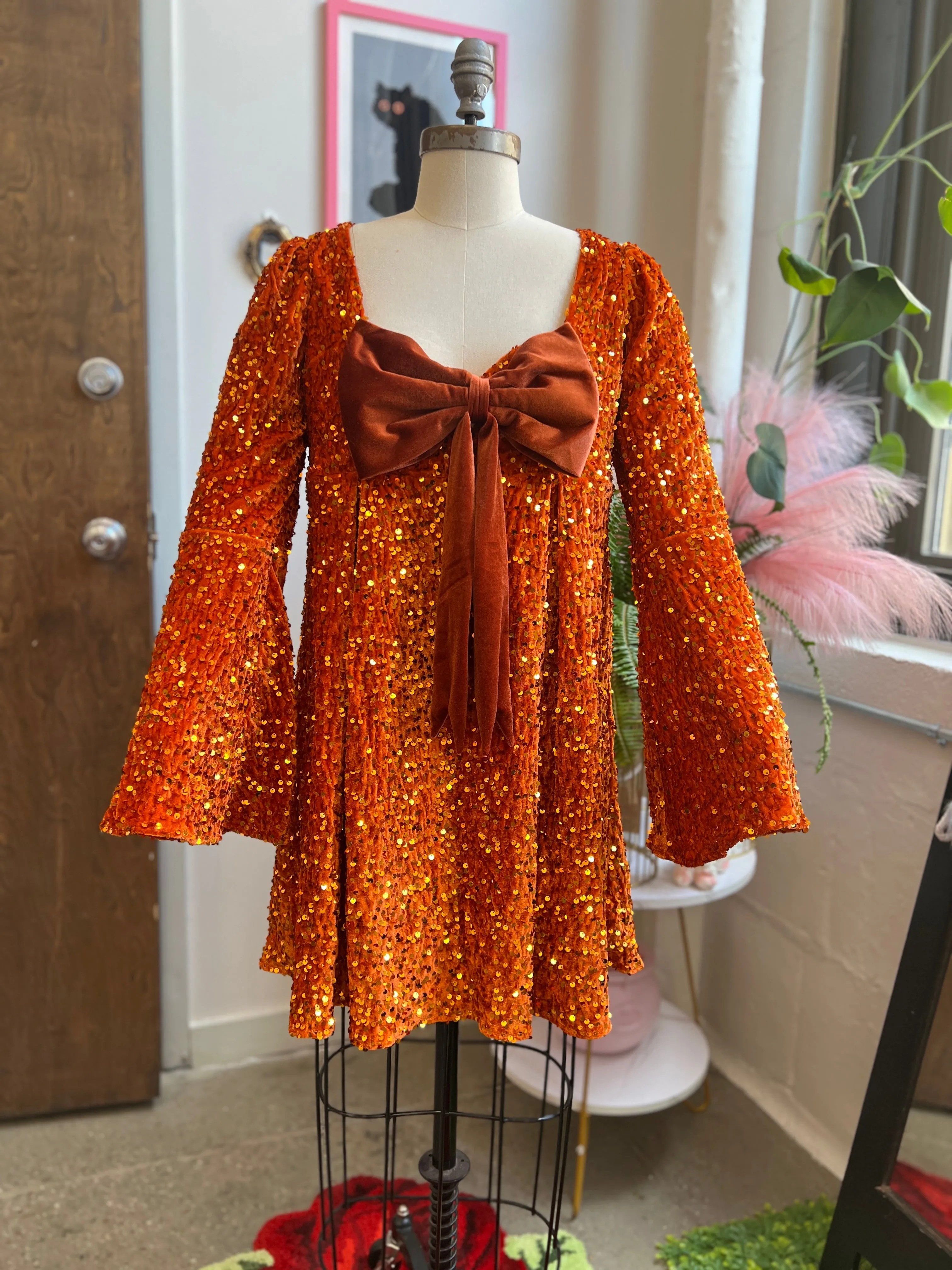 Priscilla 60's Mini Dress in Pumpkin Orange Sequin Velvet sold by Wax Poetic product image thumbnail 2