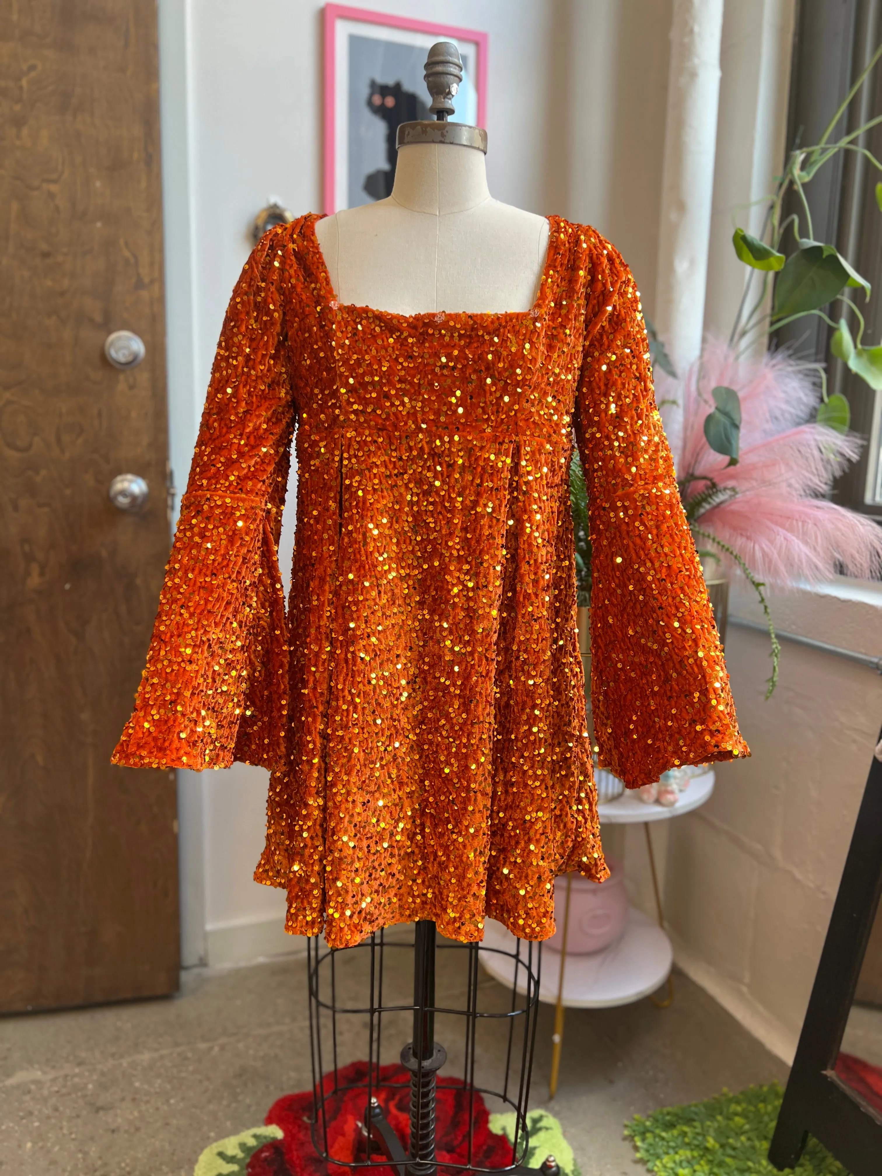 Priscilla 60's Mini Dress in Pumpkin Orange Sequin Velvet sold by Wax Poetic product image thumbnail 3