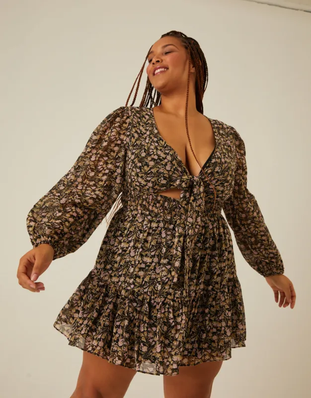 Plus Size Long Sleeve Tie Front Floral Dress sold by 2020 Ave