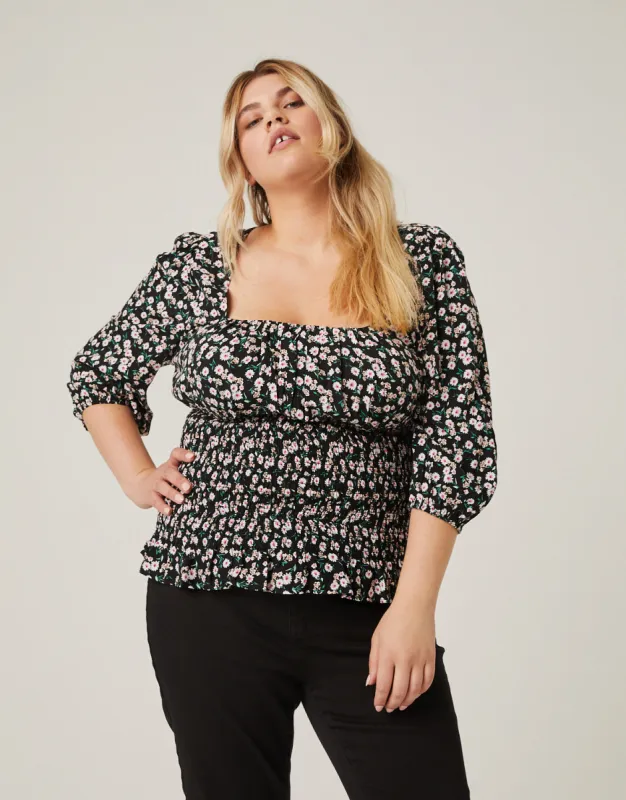 Plus Size Smocked Waist Floral Blouse sold by 2020 Ave