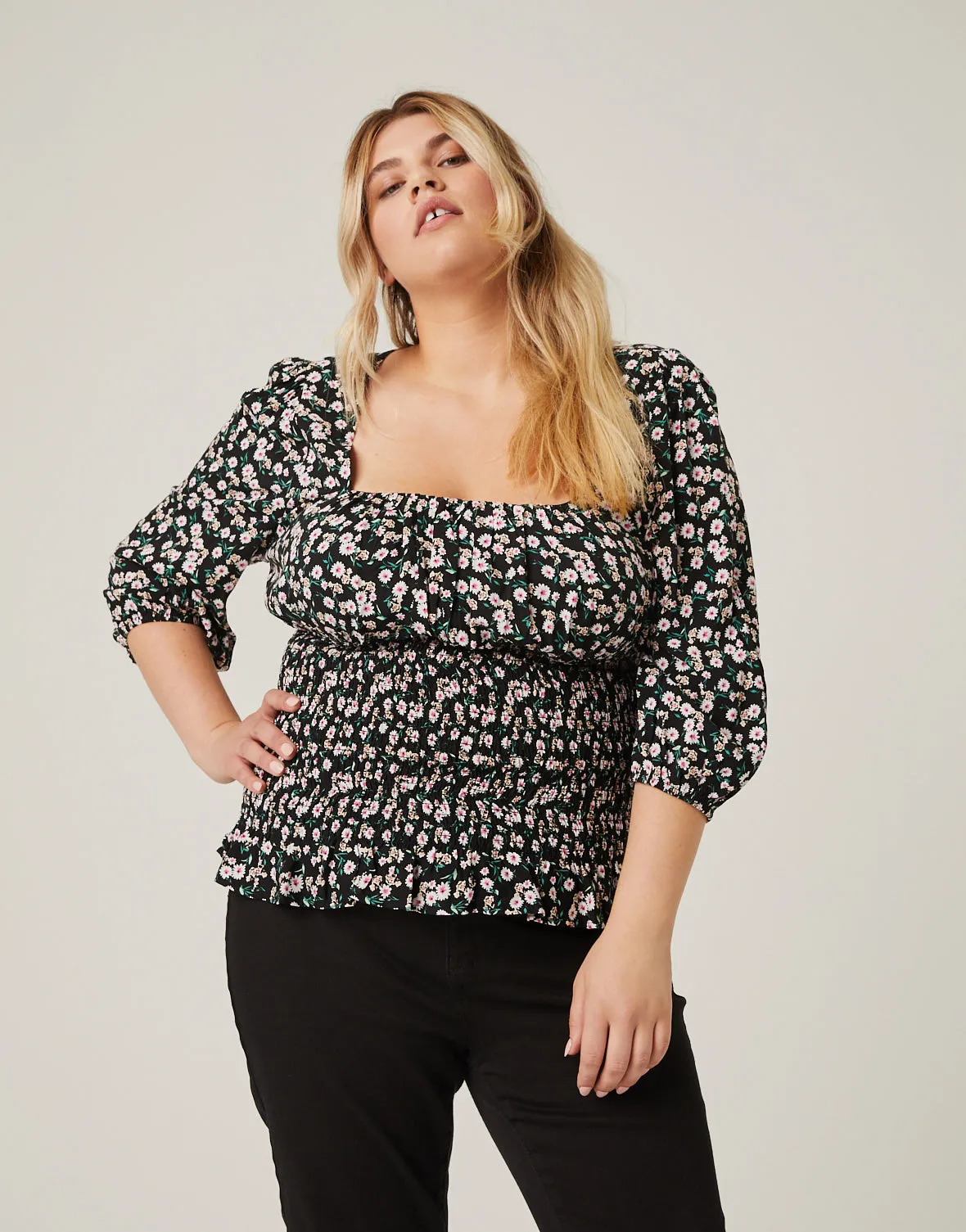 Plus Size Smocked Waist Floral Blouse sold by 2020 Ave