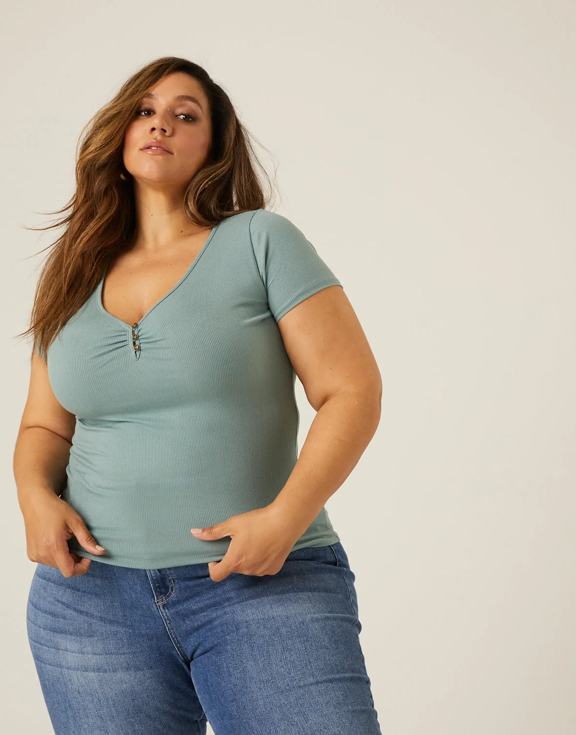 Plus Size V-Neck Button Tee sold by 2020 Ave product image thumbnail 2