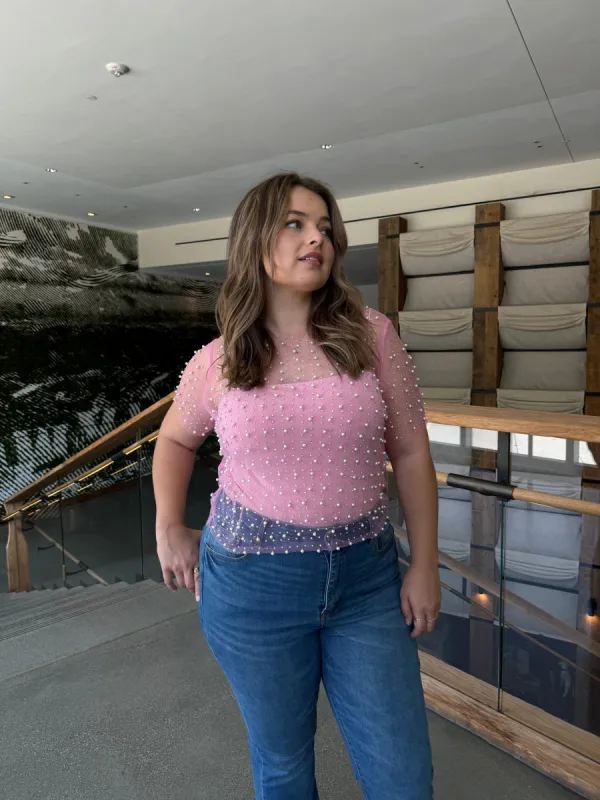 Plus Size Pearl Embellished Mesh Top sold by 2020 Ave
