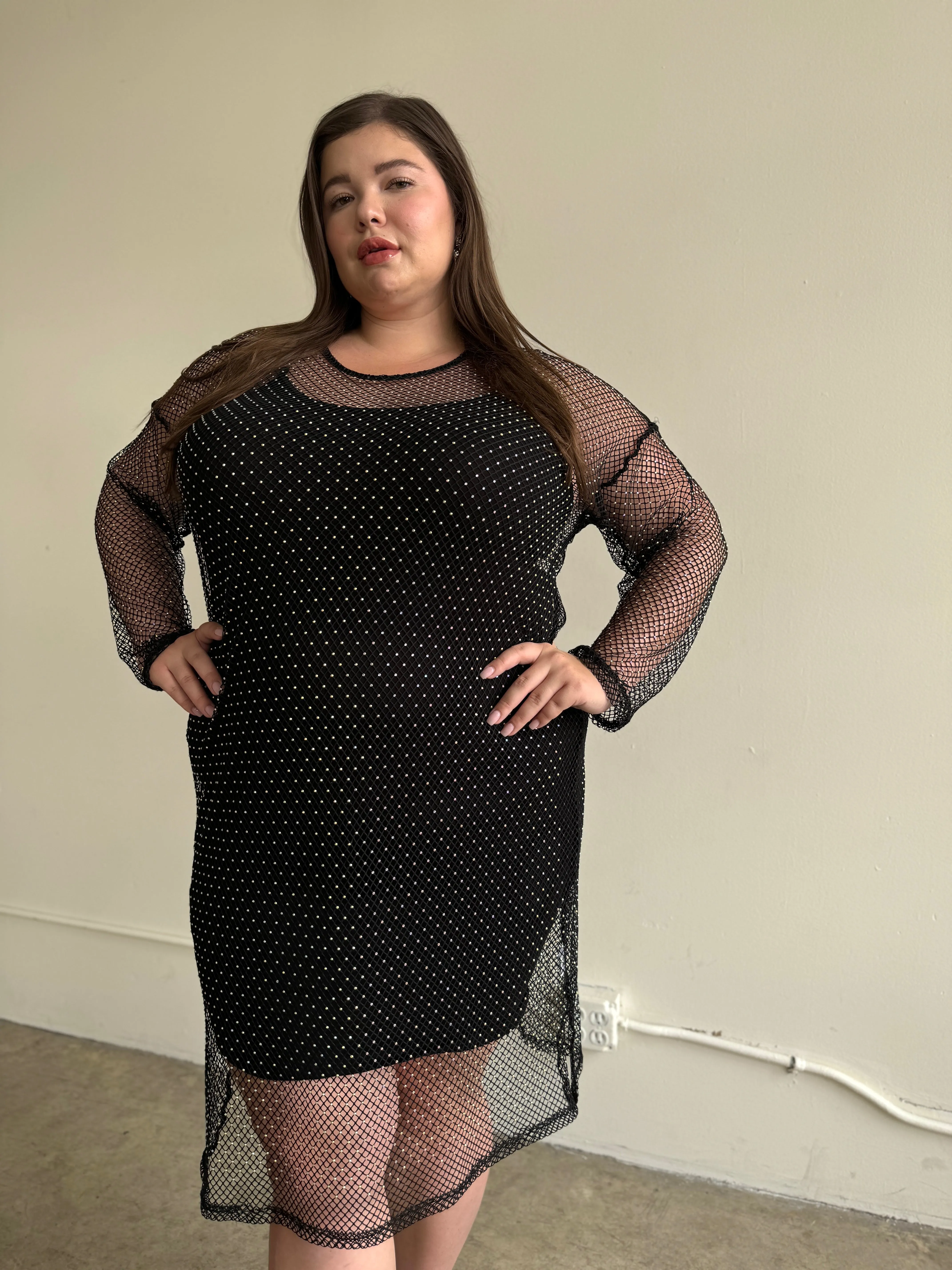 Plus Size Rhinestone Mesh Long Sleeve Dress sold by 2020 Ave