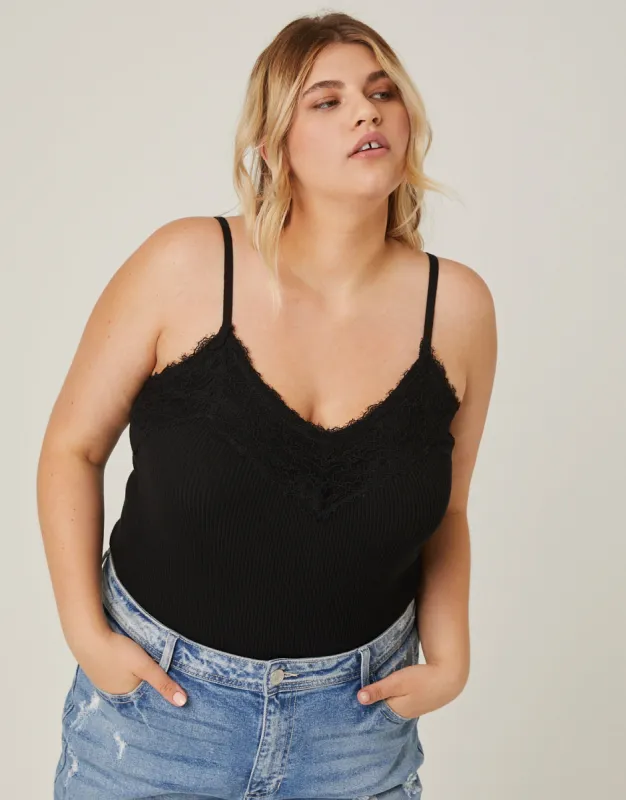 Plus Size Lace Trim Knit Bodysuit sold by 2020 Ave