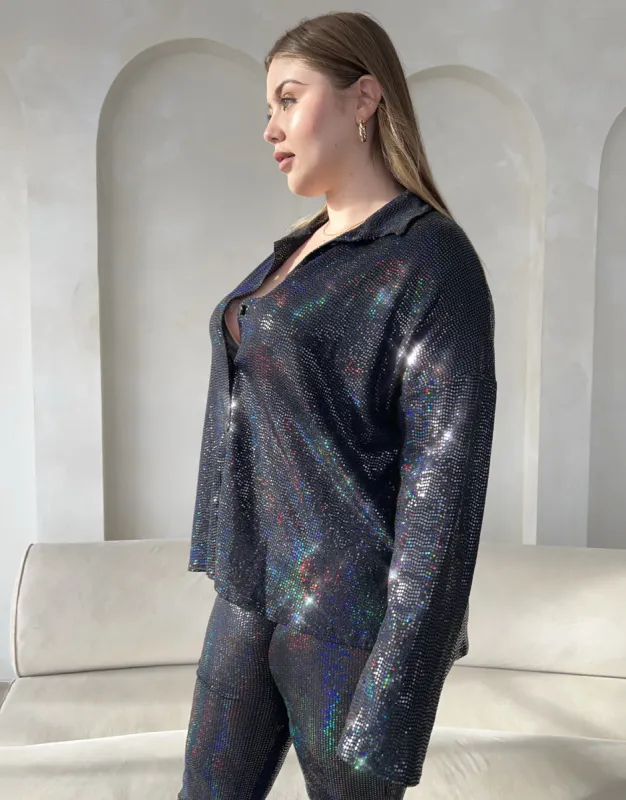 Plus Size Button Up Disco Sequin Shirt made by 2020 Ave