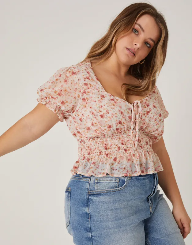 Plus Size Lace Up Chiffon Floral Top sold by 2020 Ave