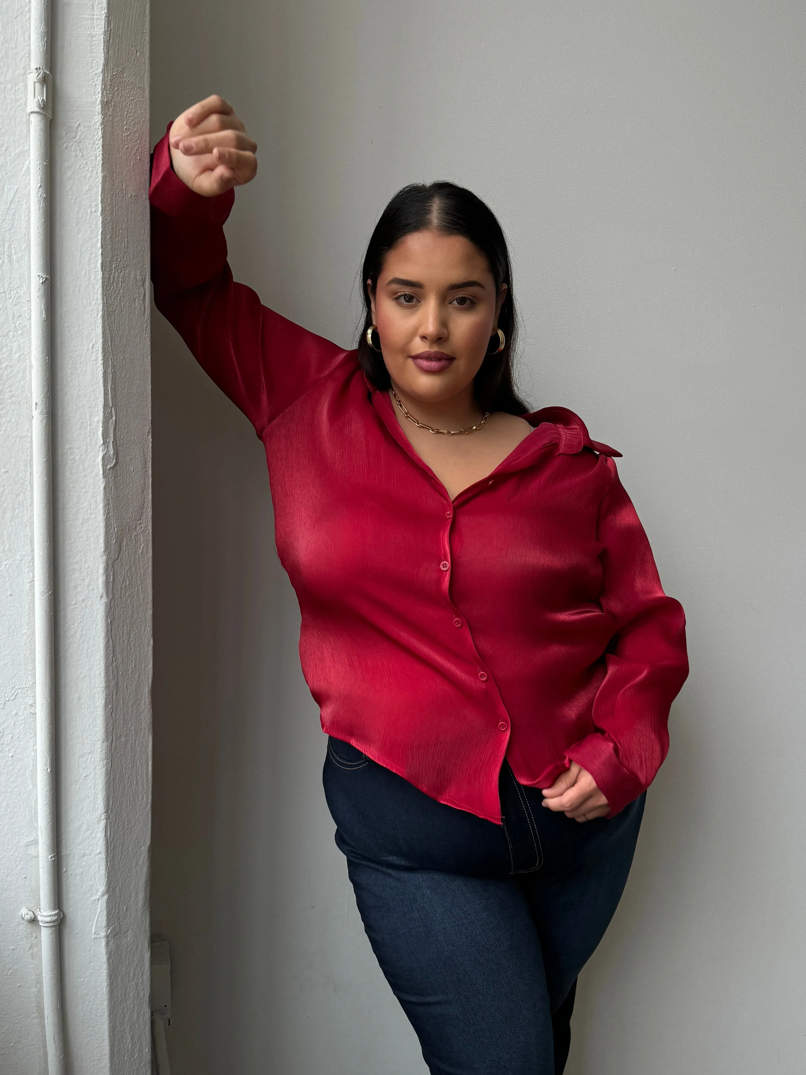 Plus Size Button Front Sheen Blouse sold by 2020 Ave product image thumbnail 2