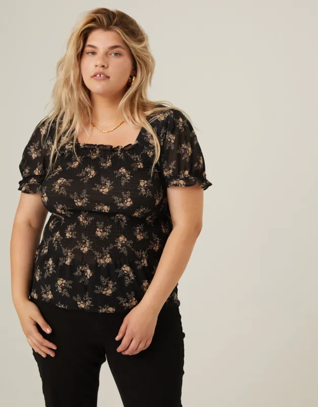 Plus Size Smocked Chiffon Floral Blouse sold by 2020 Ave