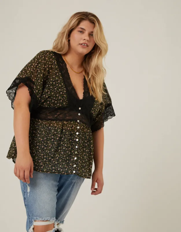 Plus Size Floral Lace Trim Blouse sold by 2020 Ave