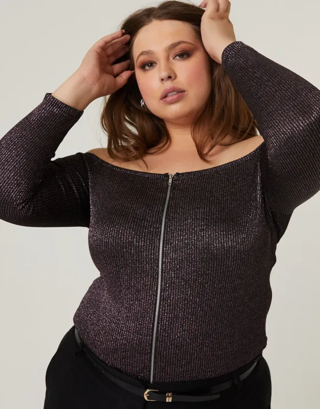 Plus Size Glittery Zip Up Top sold by 2020 Ave