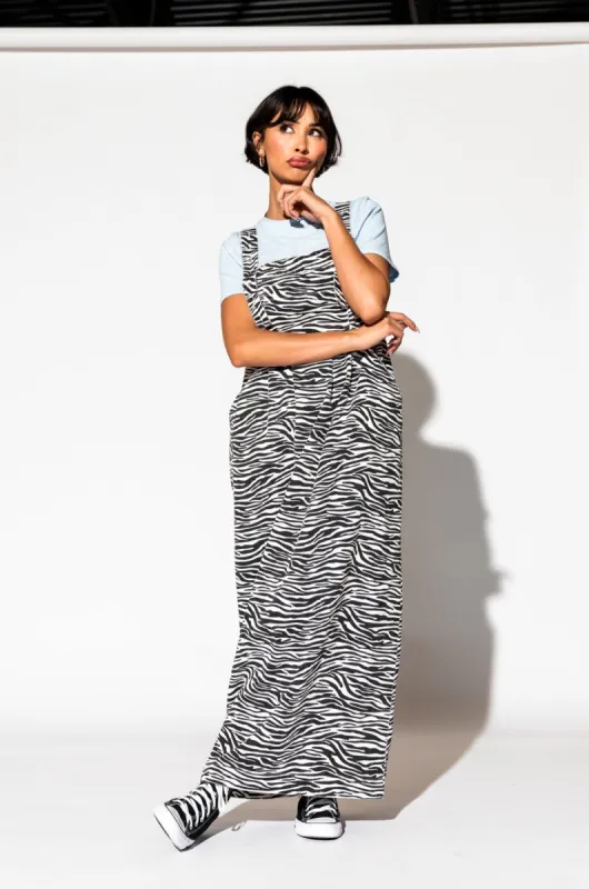 Can't Tame Me Denim Overall Dress in Zebra Stripes sold by Dressed In Lala