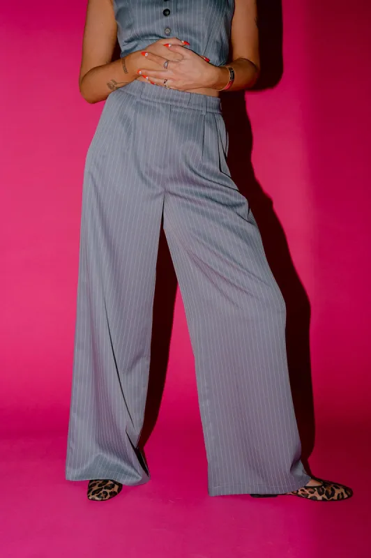 Wide Leg Trousers in Boss B*tch Pinstripe (Grey) sold by Dressed In Lala