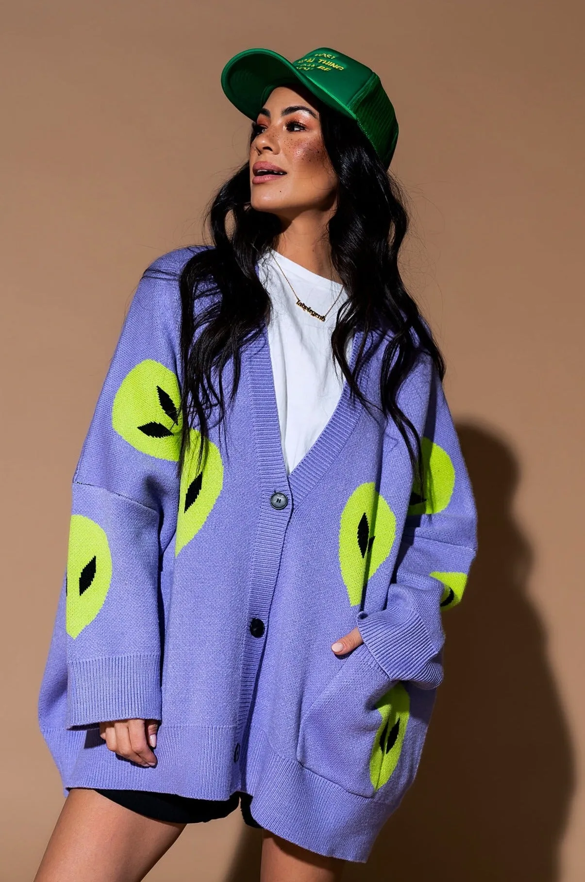 Too Cool For You Oversized Alien Cardigan in Lavender sold by Dressed In Lala product image thumbnail 4