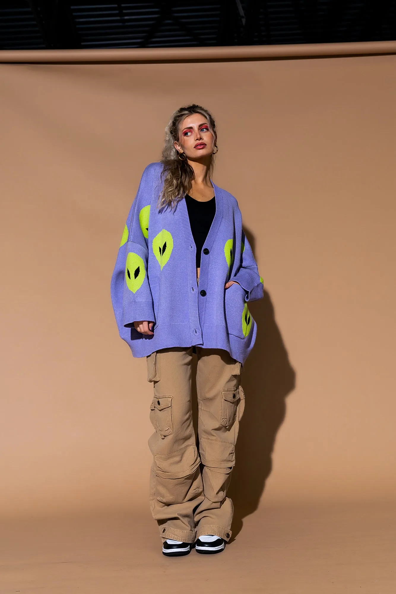 Too Cool For You Oversized Alien Cardigan in Lavender sold by Dressed In Lala product image thumbnail 2