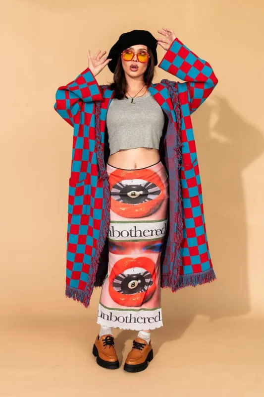 Luxe Fringe Blanket Cardigan in American Honey Checkerboard sold by Dressed In Lala