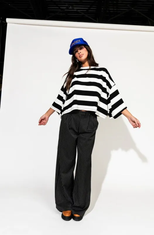 Ozzy Tee in Black + White Stripes sold by Dressed In Lala