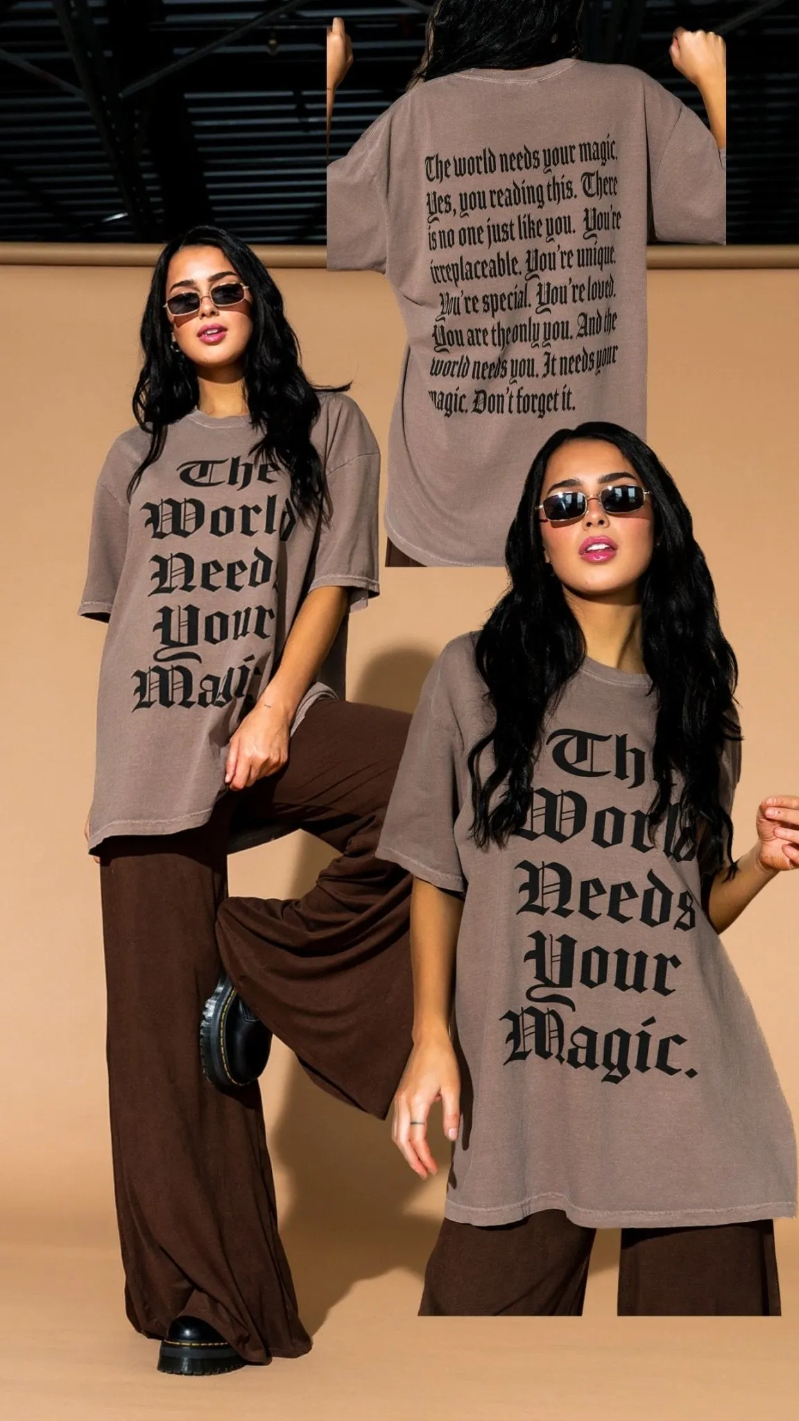 LALA ORIGINAL: The World Needs Your Magic Mantra Oversized Tee in Cocoa sold by Dressed In Lala