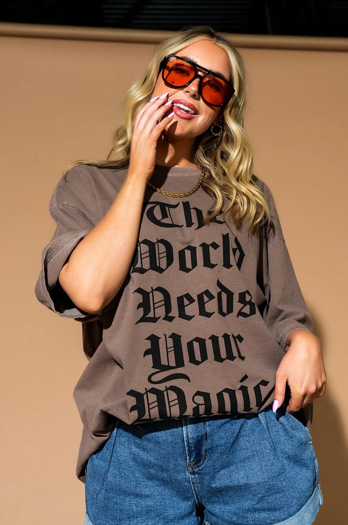 LALA ORIGINAL: The World Needs Your Magic Mantra Oversized Tee in Cocoa sold by Dressed In Lala product image thumbnail 5
