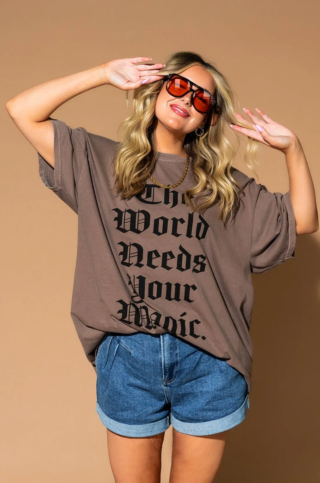 LALA ORIGINAL: The World Needs Your Magic Mantra Oversized Tee in Cocoa sold by Dressed In Lala product image thumbnail 3