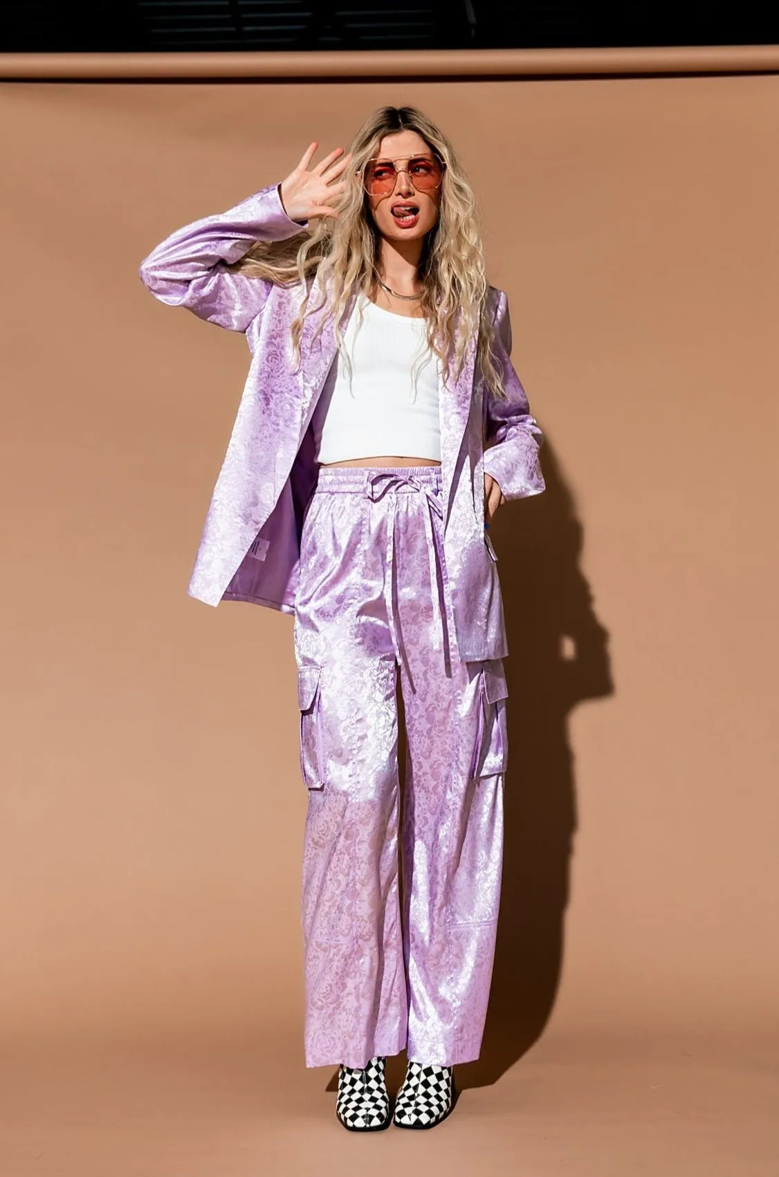Lucky Girl Jacquard Floral Blazer + Cargo Pants Set in Lavender sold by Dressed In Lala product image thumbnail 3