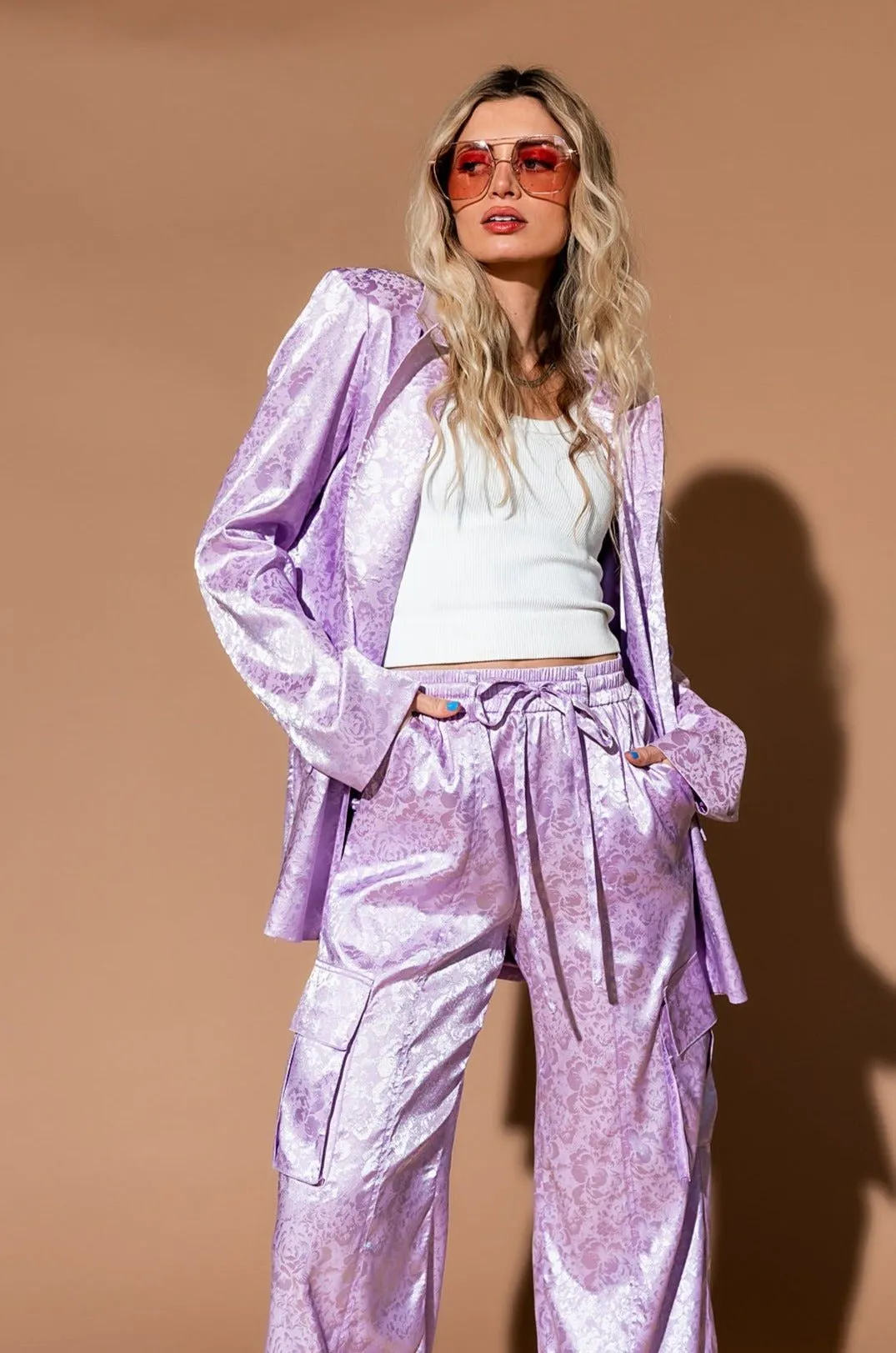 Lucky Girl Jacquard Floral Blazer + Cargo Pants Set in Lavender sold by Dressed In Lala product image thumbnail 5