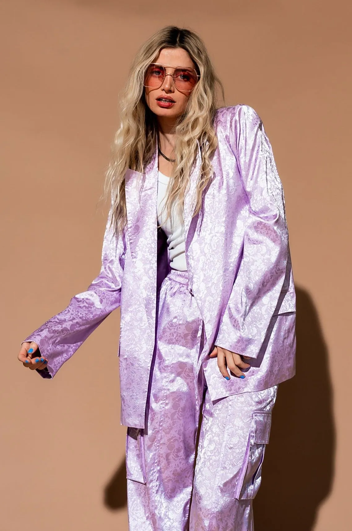 Lucky Girl Jacquard Floral Blazer + Cargo Pants Set in Lavender sold by Dressed In Lala product image thumbnail 2