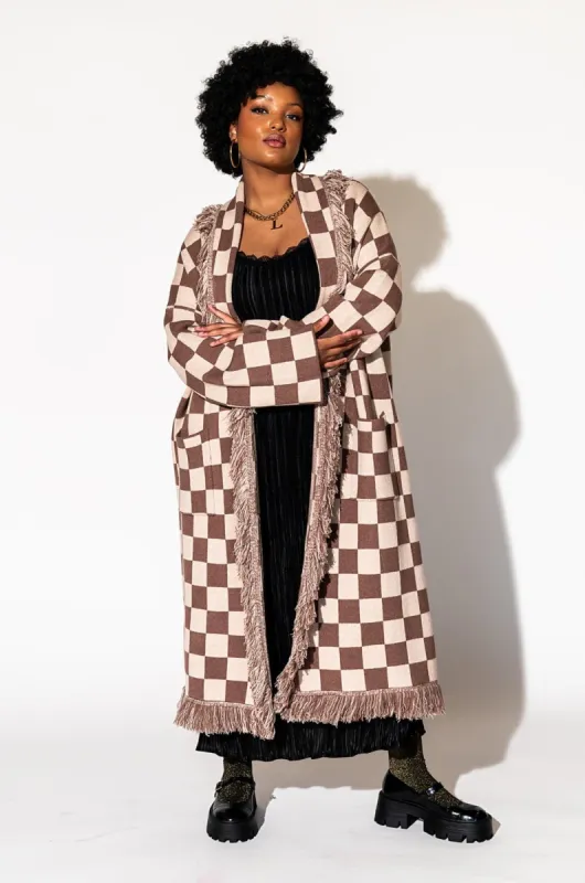 Luxe Fringe Blanket Cardigan in Neutral Check Deliciousness sold by Dressed In Lala