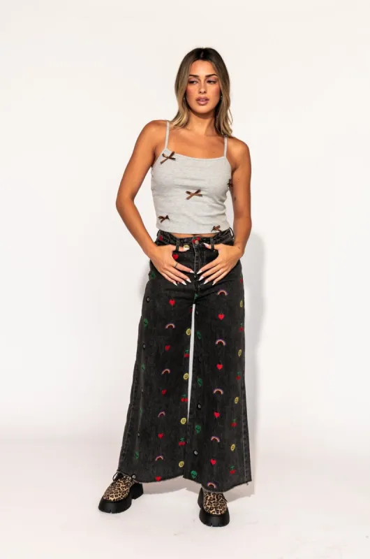 Rare Embroidered Wide Leg Denim in Happy Thoughts sold by Dressed In Lala