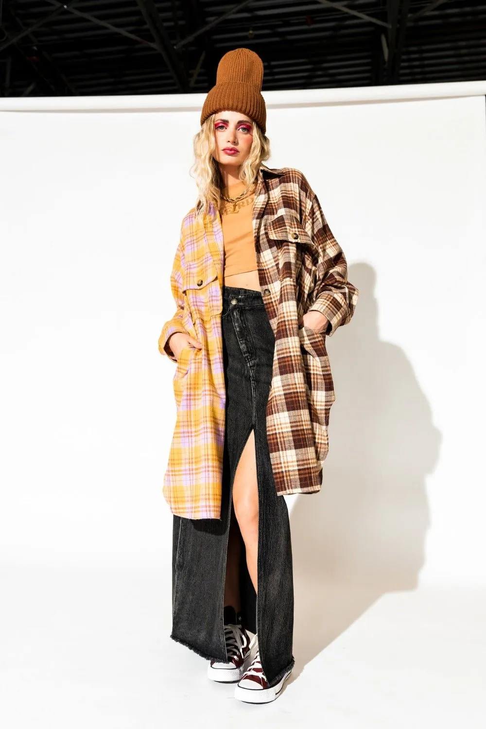 Zuri Oversized Grunge Flannel in Half + Half Yellow and Brown sold by Dressed In Lala product image thumbnail 2