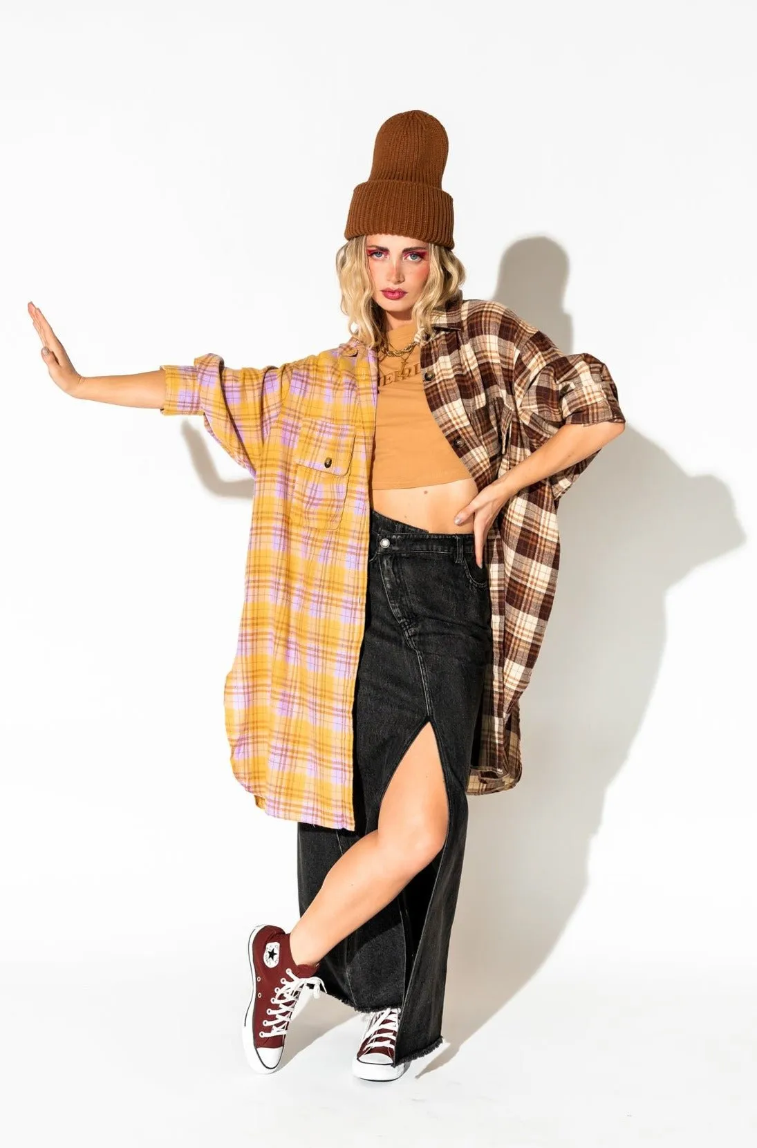 Zuri Oversized Grunge Flannel in Half + Half Yellow and Brown sold by Dressed In Lala