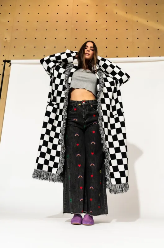 Luxe Fringe Blanket Cardigan in Black + White Check sold by Dressed In Lala