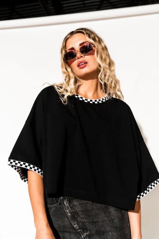 Frankie Cropped Tee in Black + Checkerboard sold by Dressed In Lala