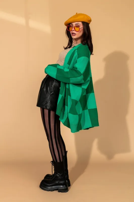 Love You Oversized Checkerboard Cardigan in Green Girl sold by Dressed In Lala
