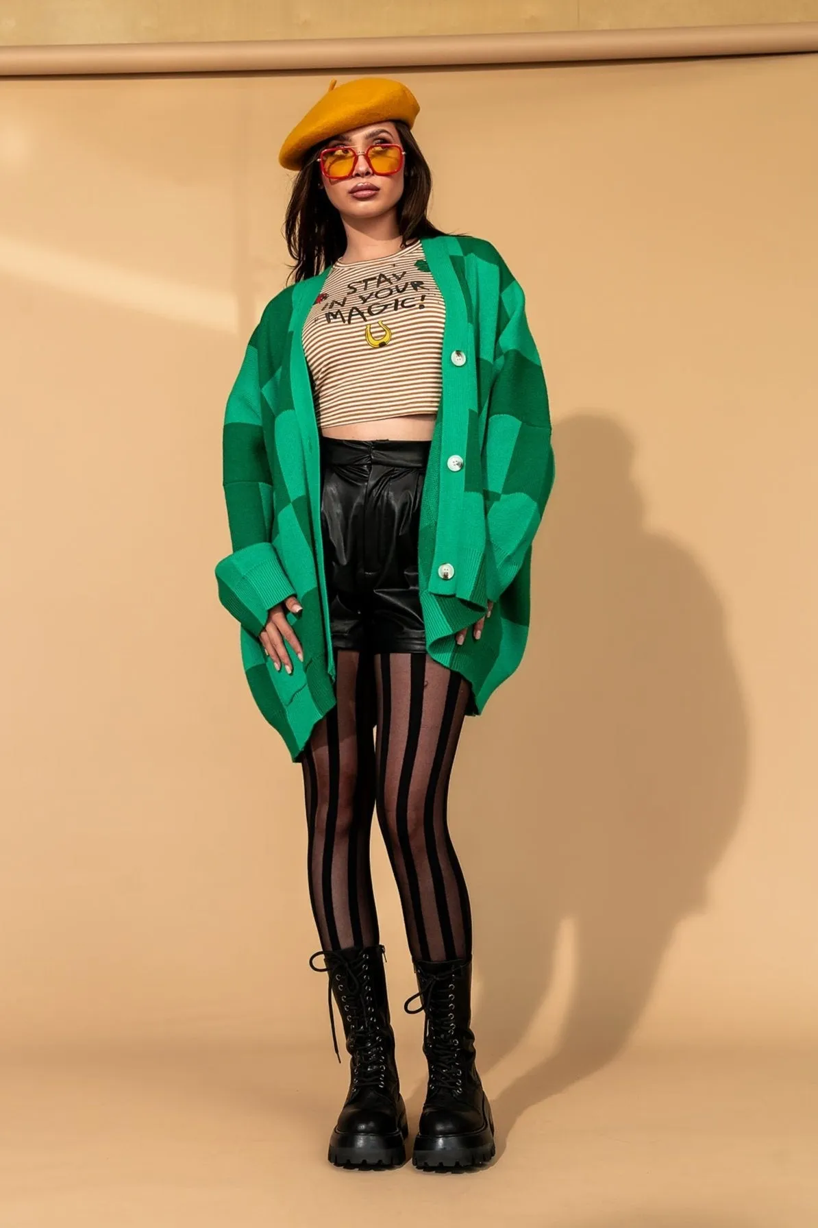 Love You Oversized Checkerboard Cardigan in Green Girl sold by Dressed In Lala product image thumbnail 5