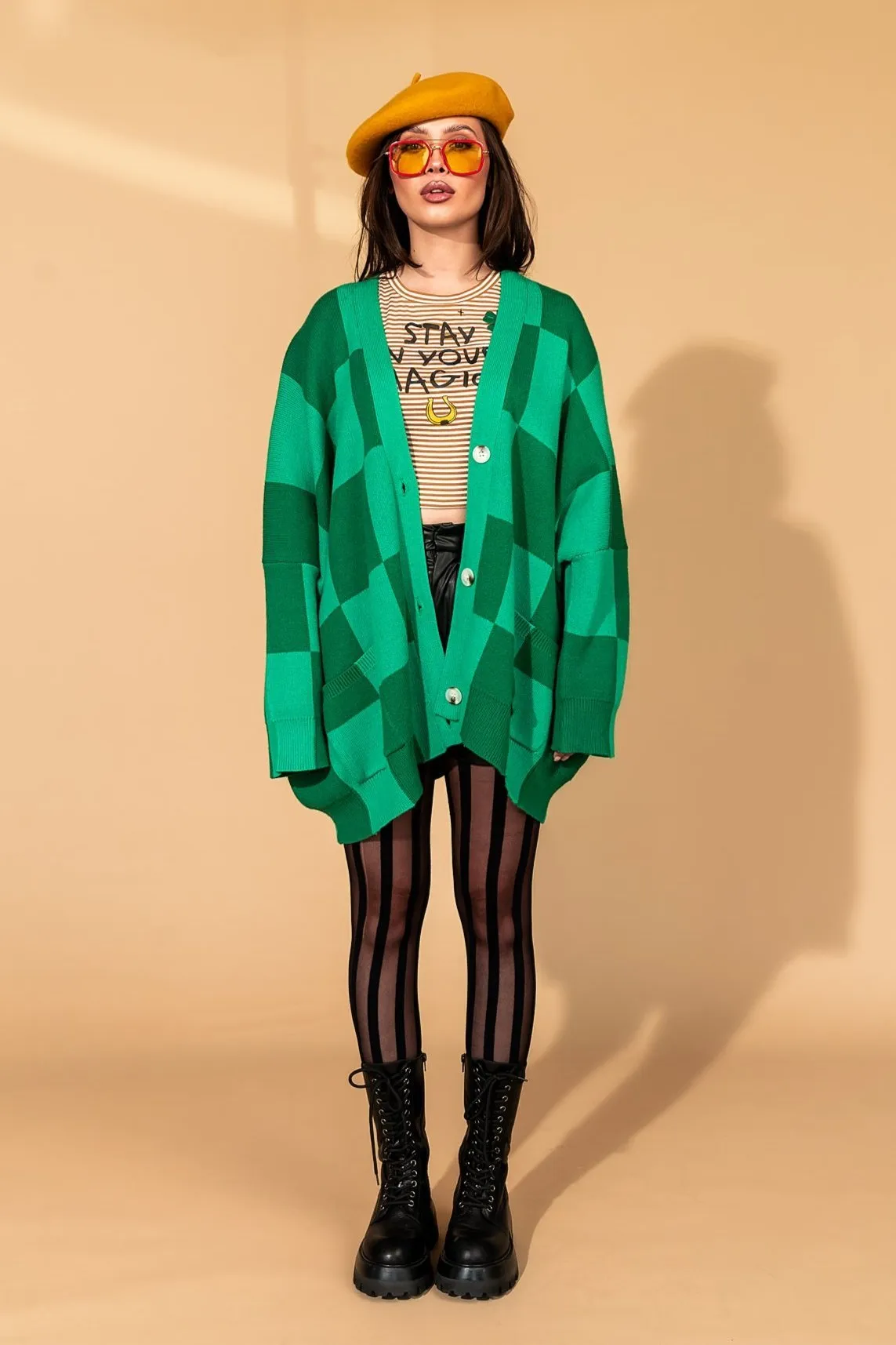Love You Oversized Checkerboard Cardigan in Green Girl sold by Dressed In Lala product image thumbnail 2
