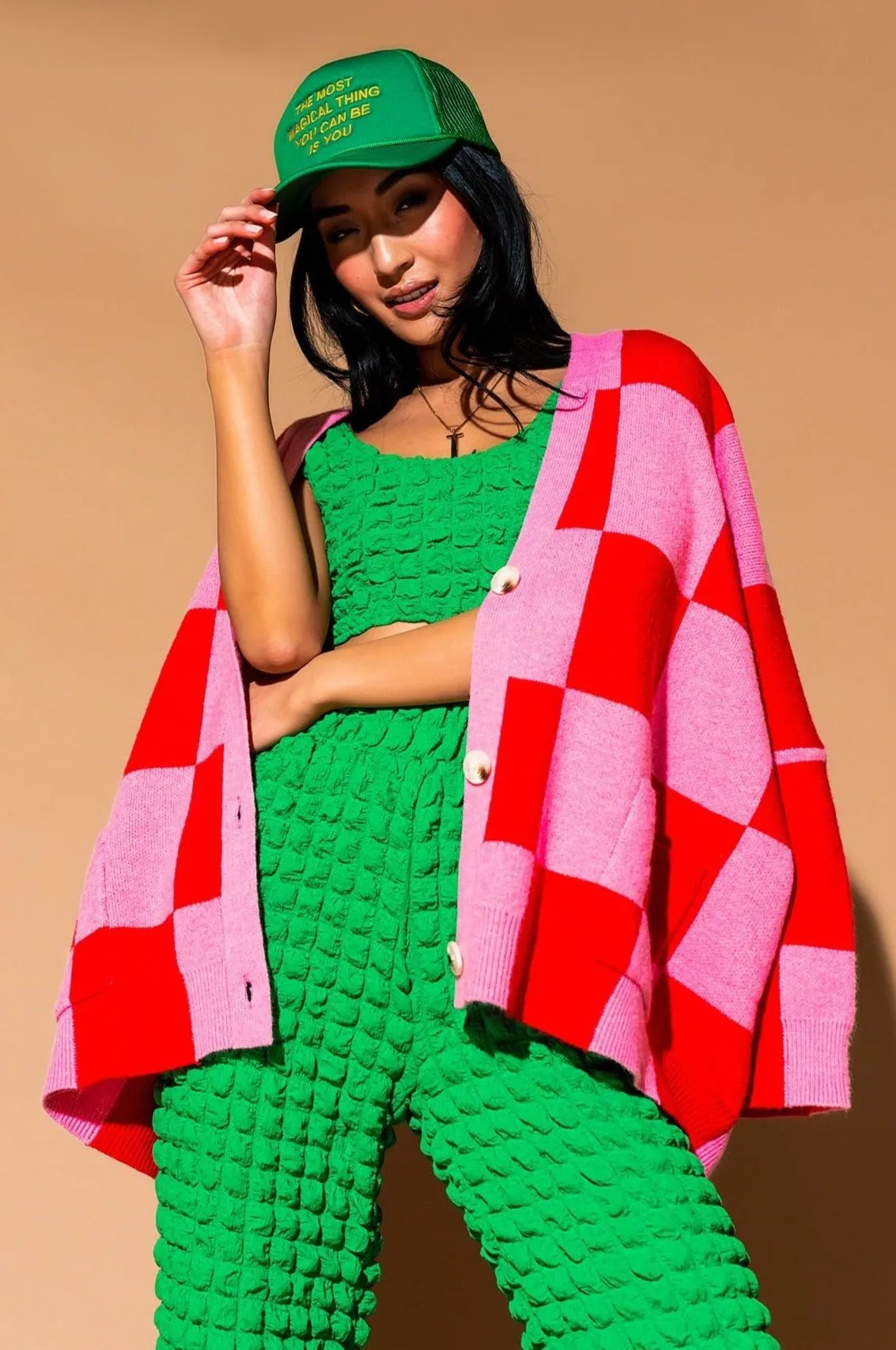 Love You Oversized Checkerboard Cardigan in Red + Pink | Parallel