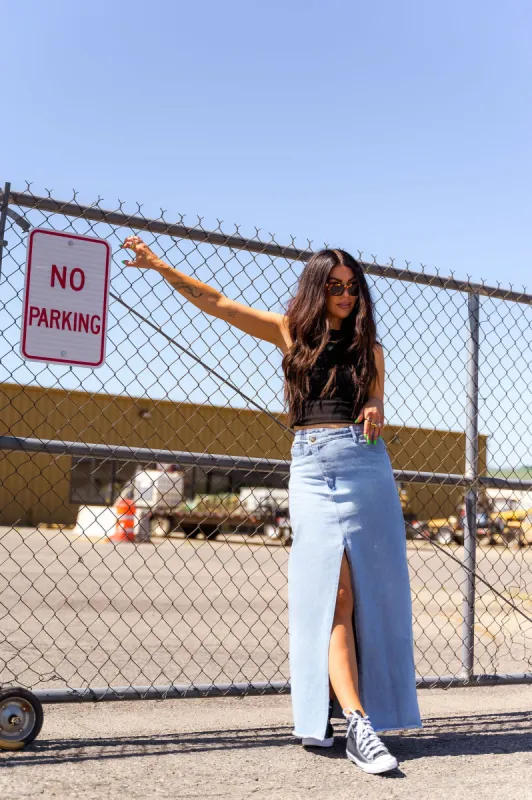 Don’t Kill My Vibe Criss Cross Denim Maxi Skirt sold by Dressed In Lala