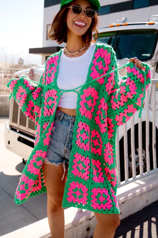 Oversized Granny Square Crochet Cardigan in Neon Watermelon sold by Dressed In Lala