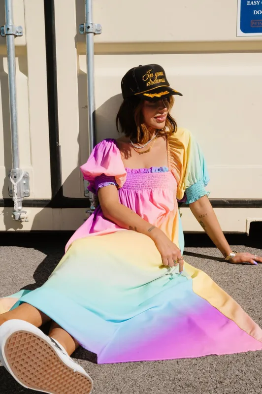 Palm Springs Smocked Dress in Rainbow Daydream sold by Dressed In Lala