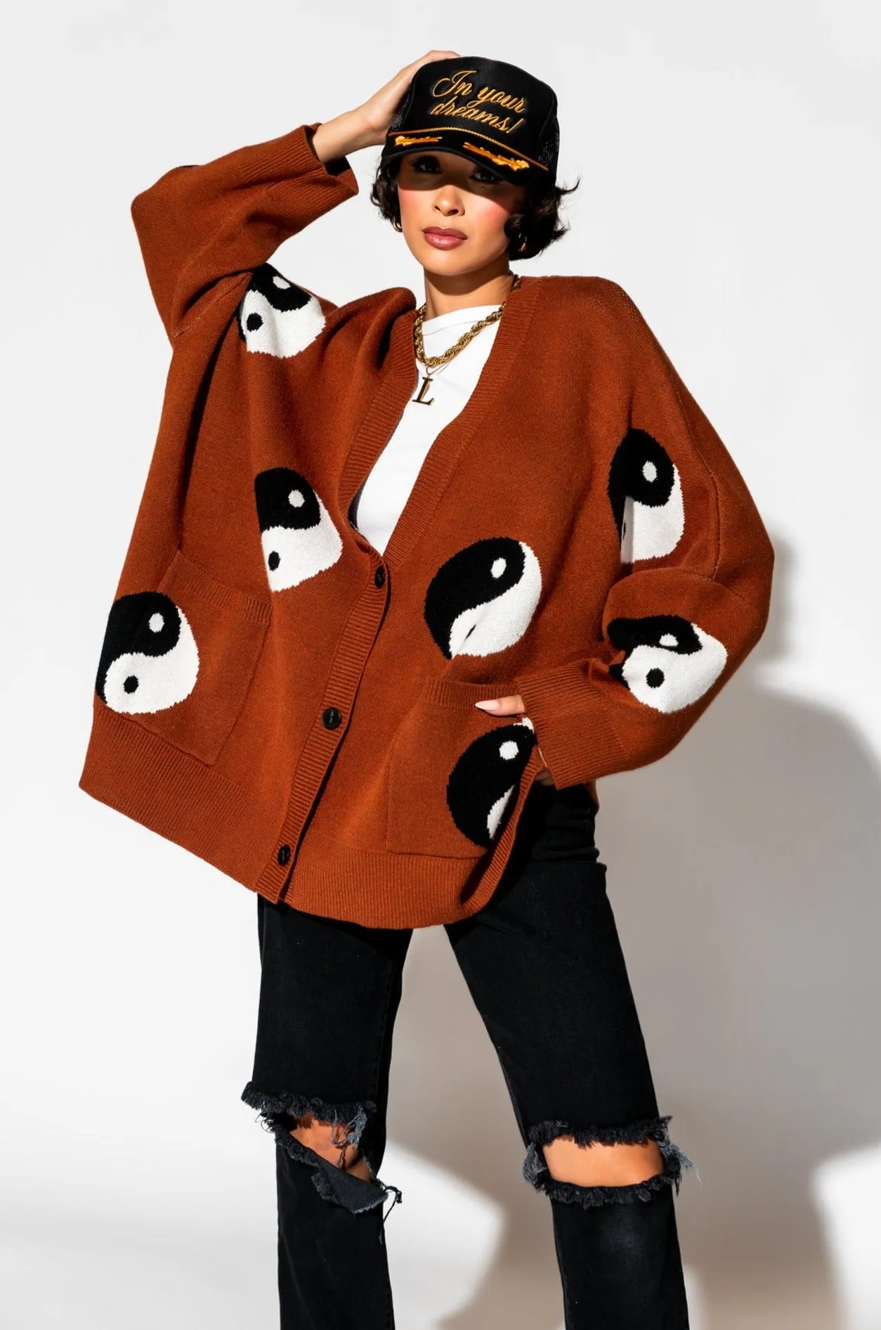Main Character Energy Oversized Yin Yang Cardigan in Cinnamon sold by Dressed In Lala product image thumbnail 2