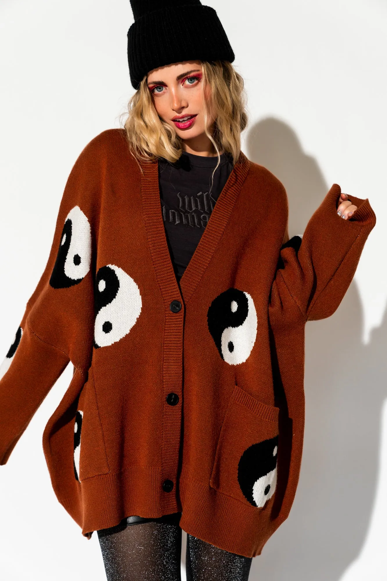 Main Character Energy Oversized Yin Yang Cardigan in Cinnamon sold by Dressed In Lala product image thumbnail 3