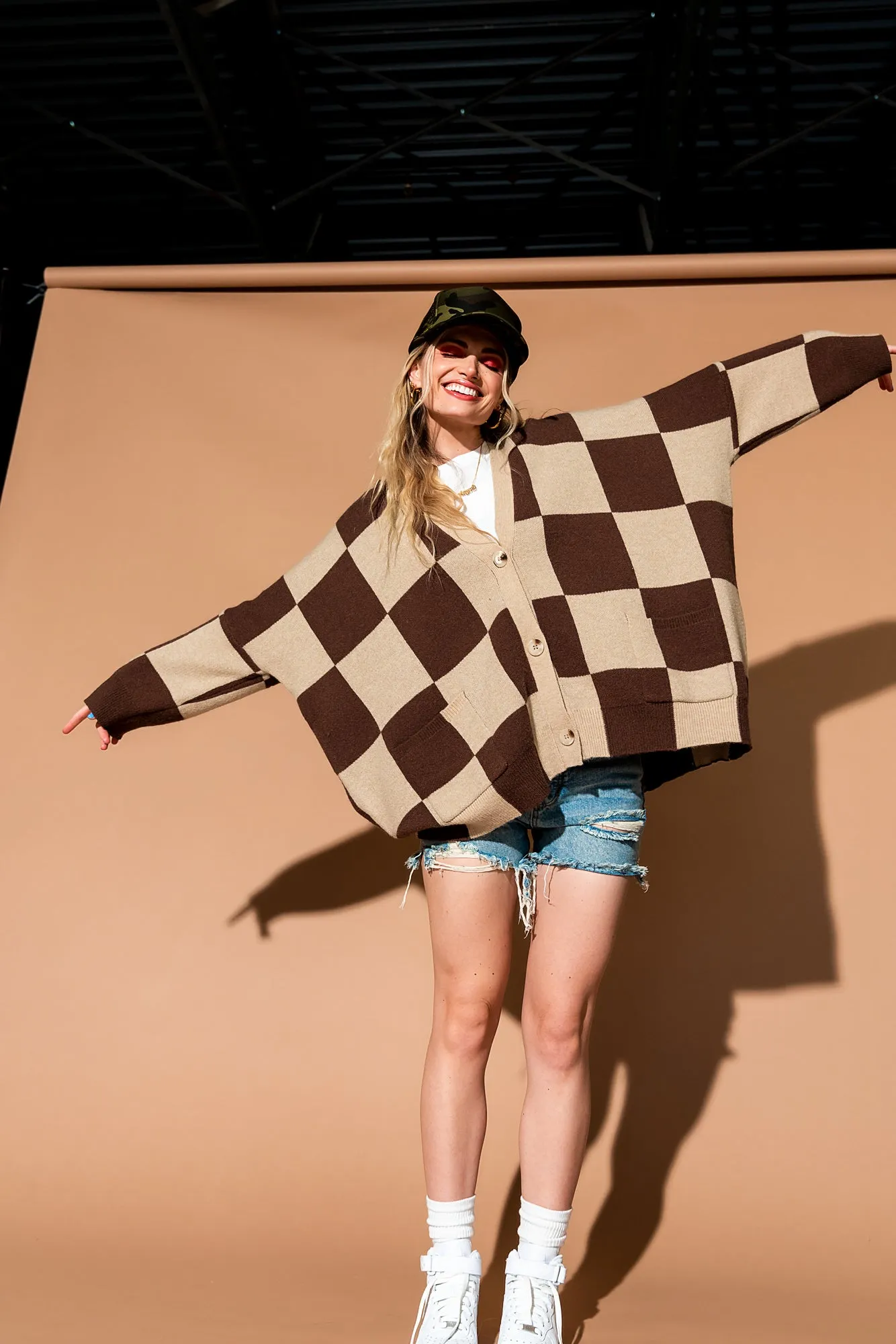 Love You Oversized Checkerboard Cardigan in Chai Latte sold by Dressed In Lala product image thumbnail 2