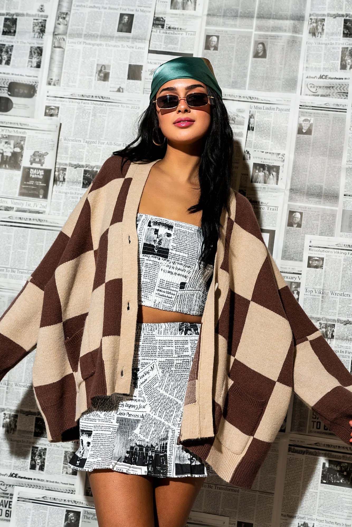 Love You Oversized Checkerboard Cardigan in Chai Latte sold by Dressed In Lala