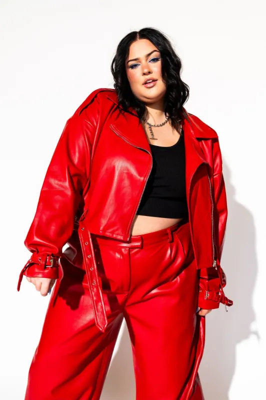 Buttery Soft Vegan Leather Moto Jacket in Cherry Red sold by Dressed In Lala